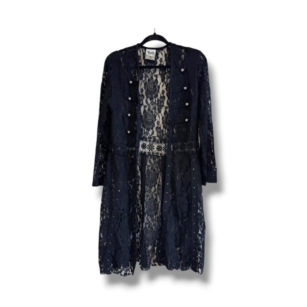 Vocal USA Whimsigoth Black Lace Studded Duster Jacket Cardigan Size Small Goth S